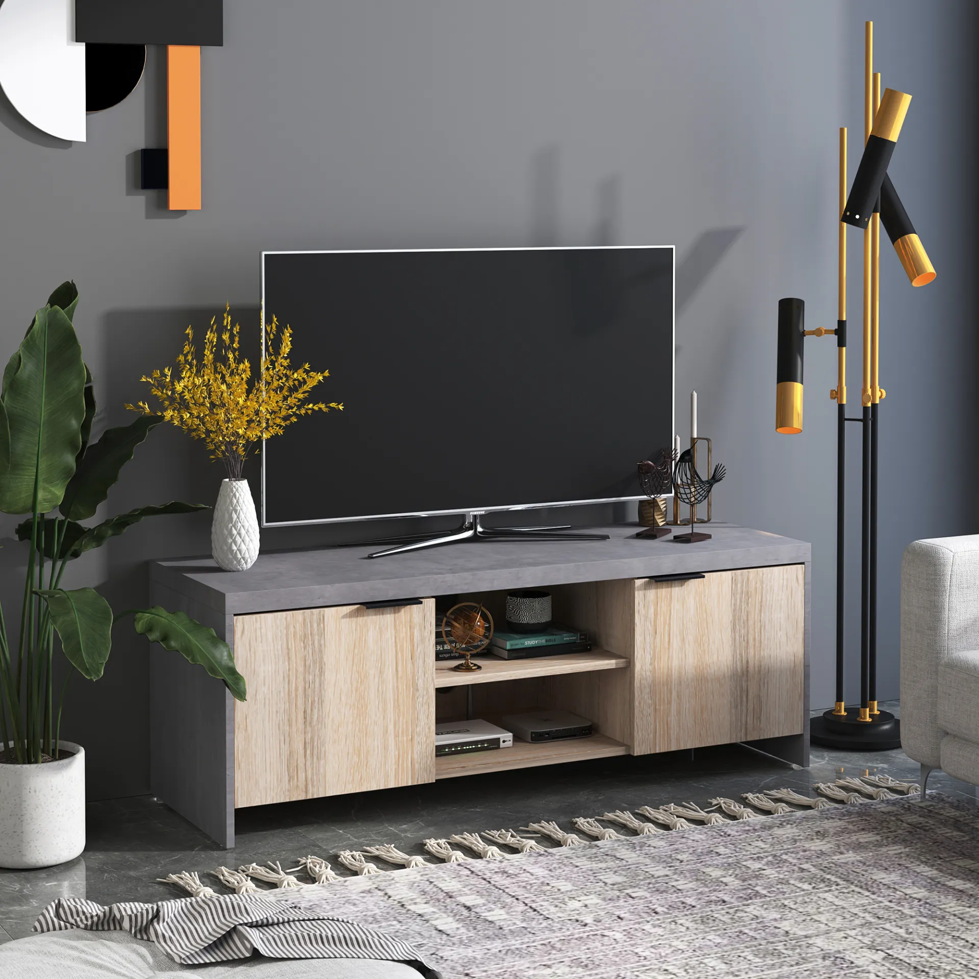 HOMCOM 1.2M Wooden TV Stand Cabinet - Stylish Entertainment Center with Storage for DVD CD - Ideal for Living Room - Fits Up to 50-Inch Flat Screen TV - Grey Finish