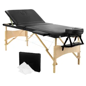 Massage Table 70cm 3 Fold Wooden Portable Beauty Therapy Bed Waxing Black