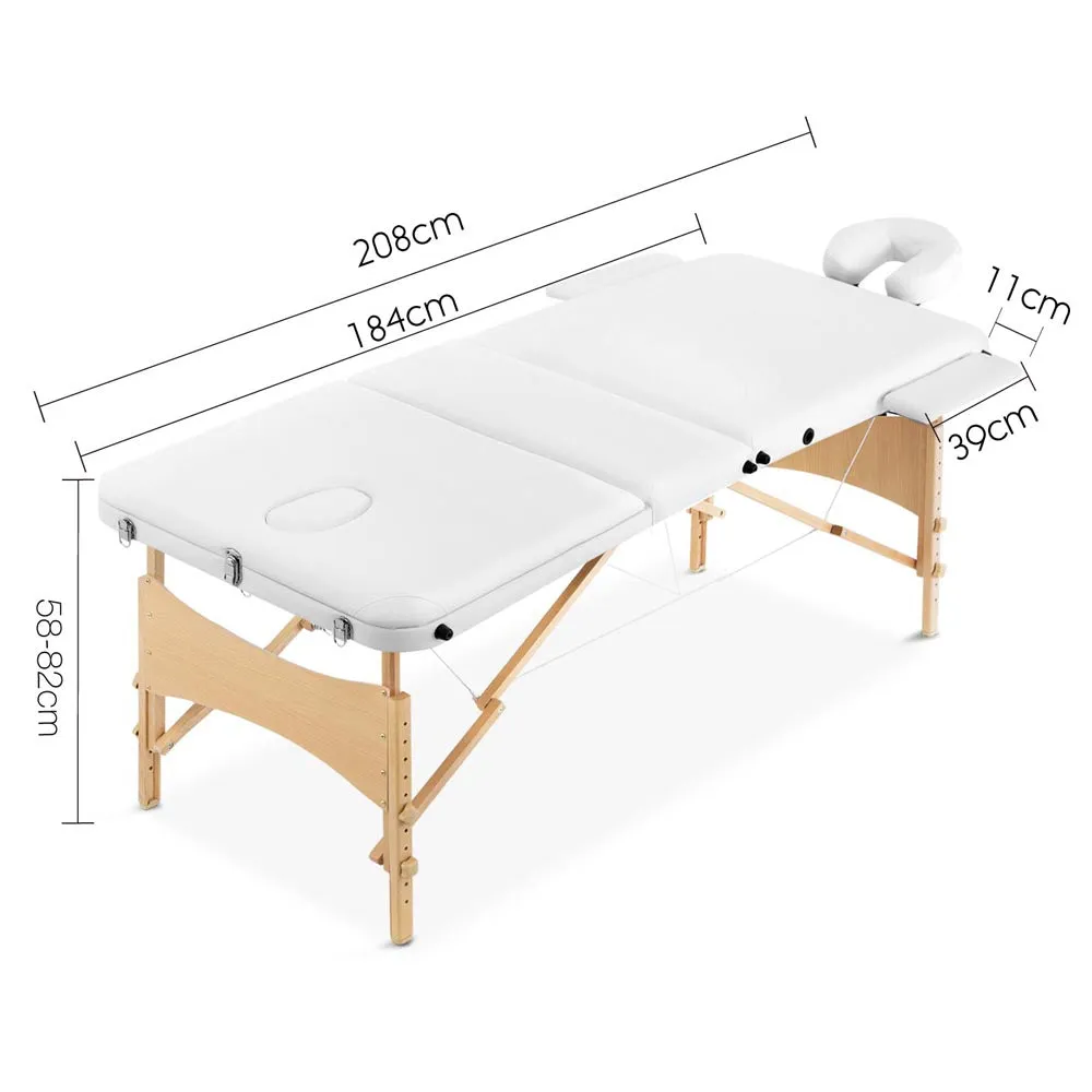 Massage Table 70cm 3 Fold Wooden Portable Beauty Therapy Bed Waxing White