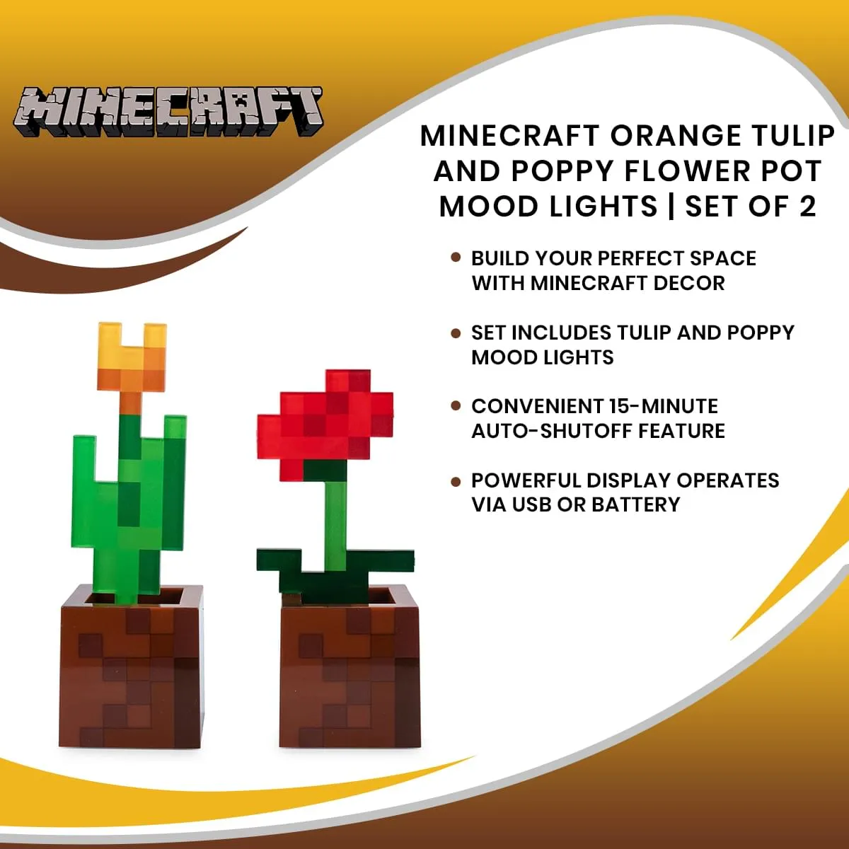 Minecraft Orange Tulip and Poppy Flower Pot Mood Lights | Set of 2