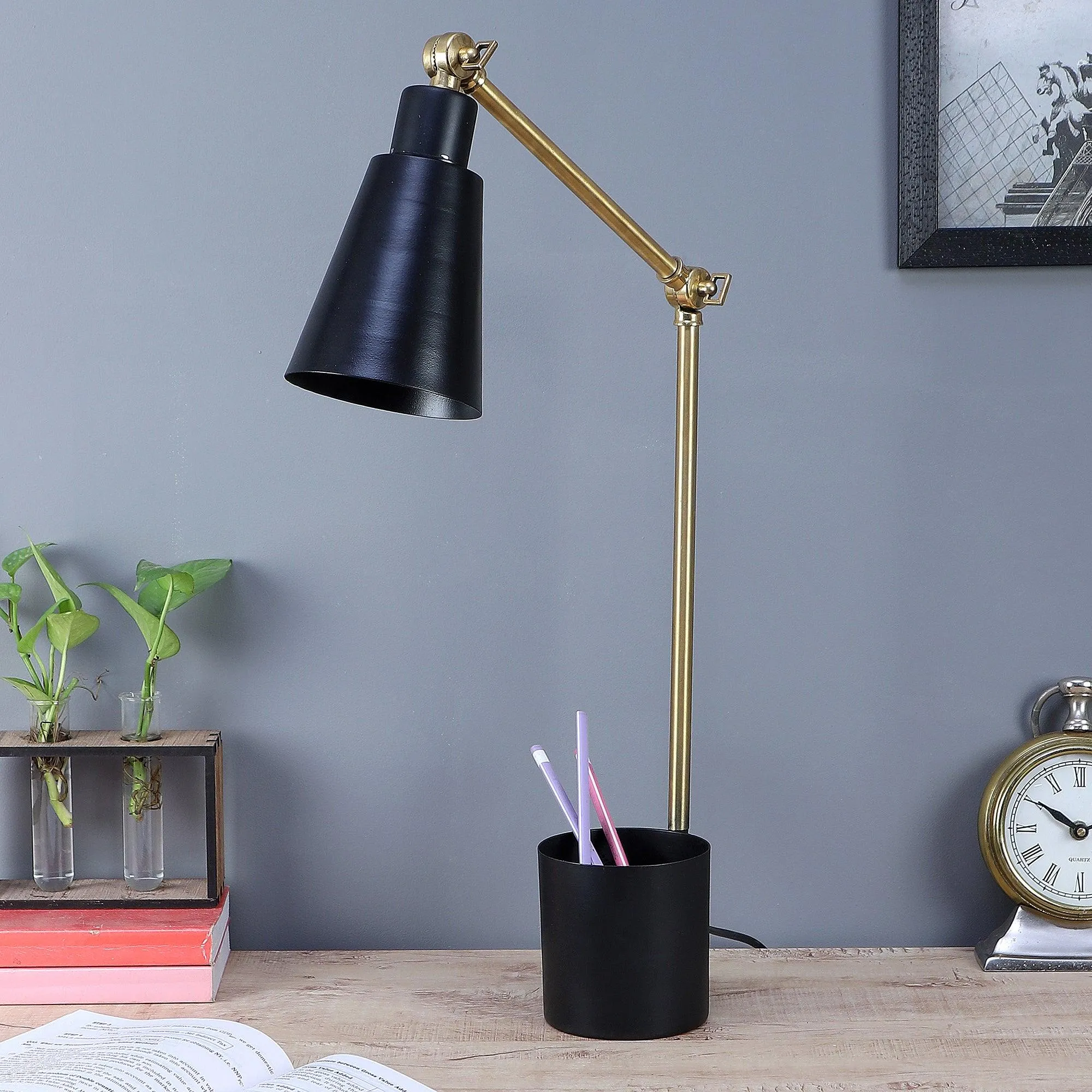 Modern Nordic Wood & Metal Study Lamp With Black Base By Ss Lightings