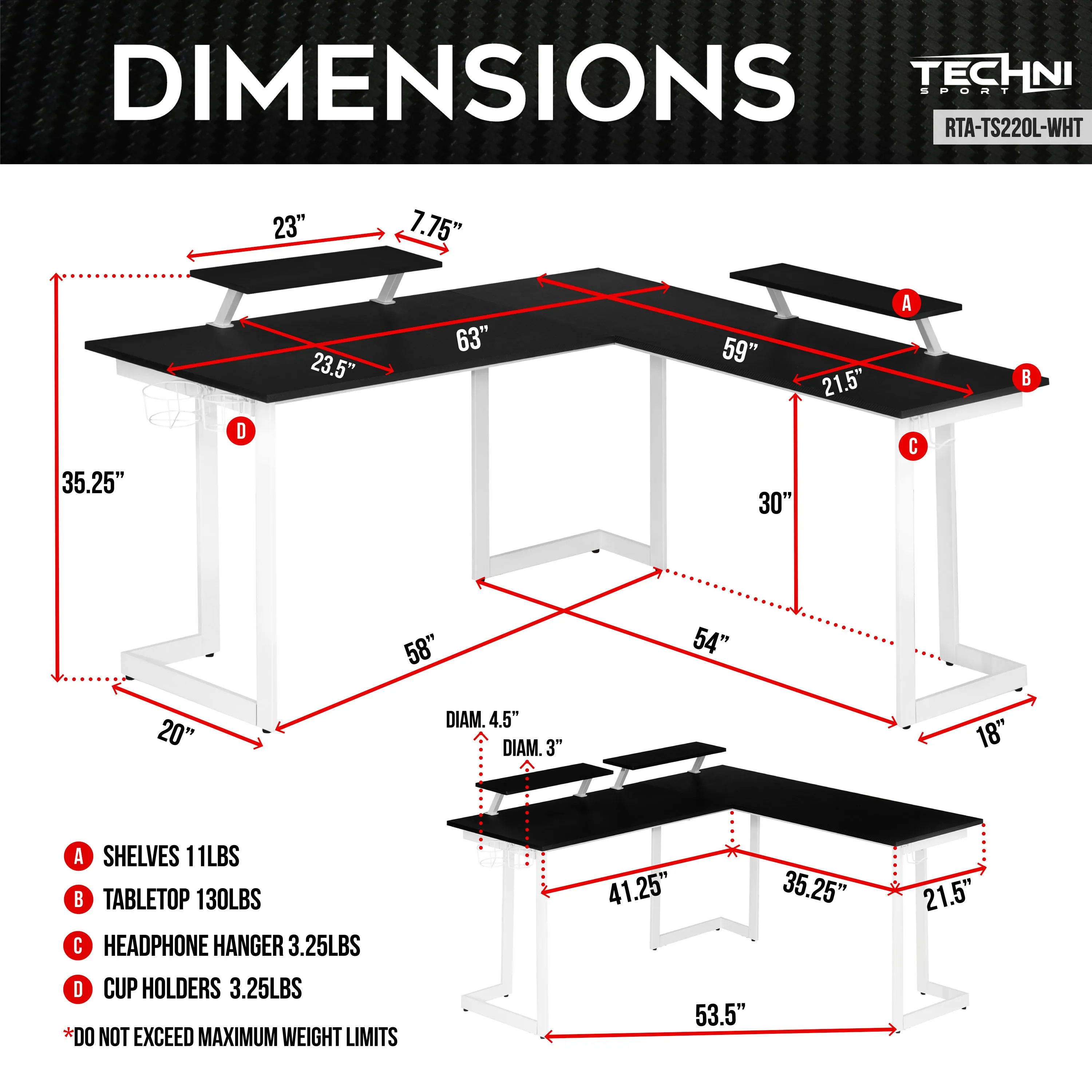 Sport Warrior L-Shaped Gaming Desk - White