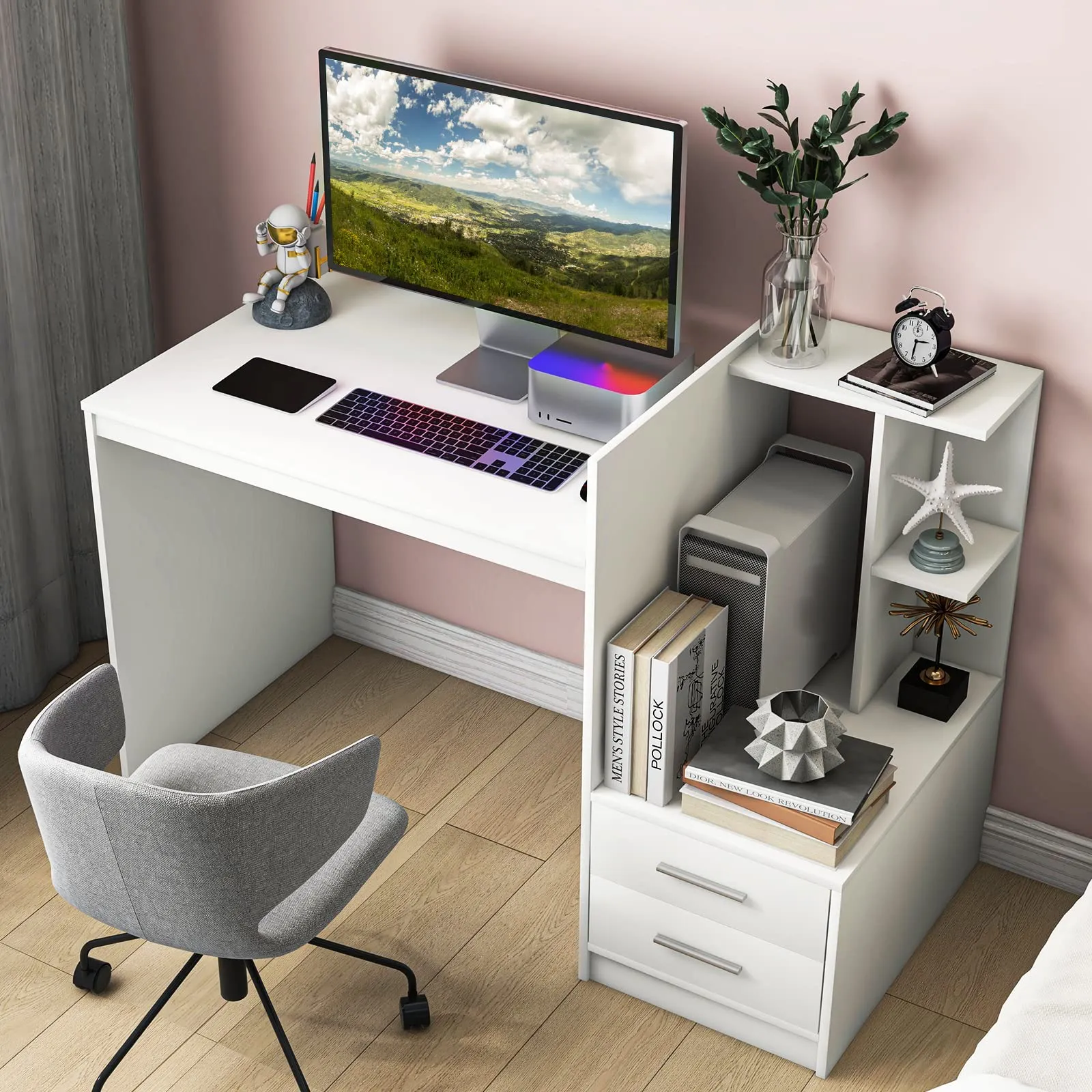 Tangkula White Desk with 2 Storage Drawers & Bookshelf
