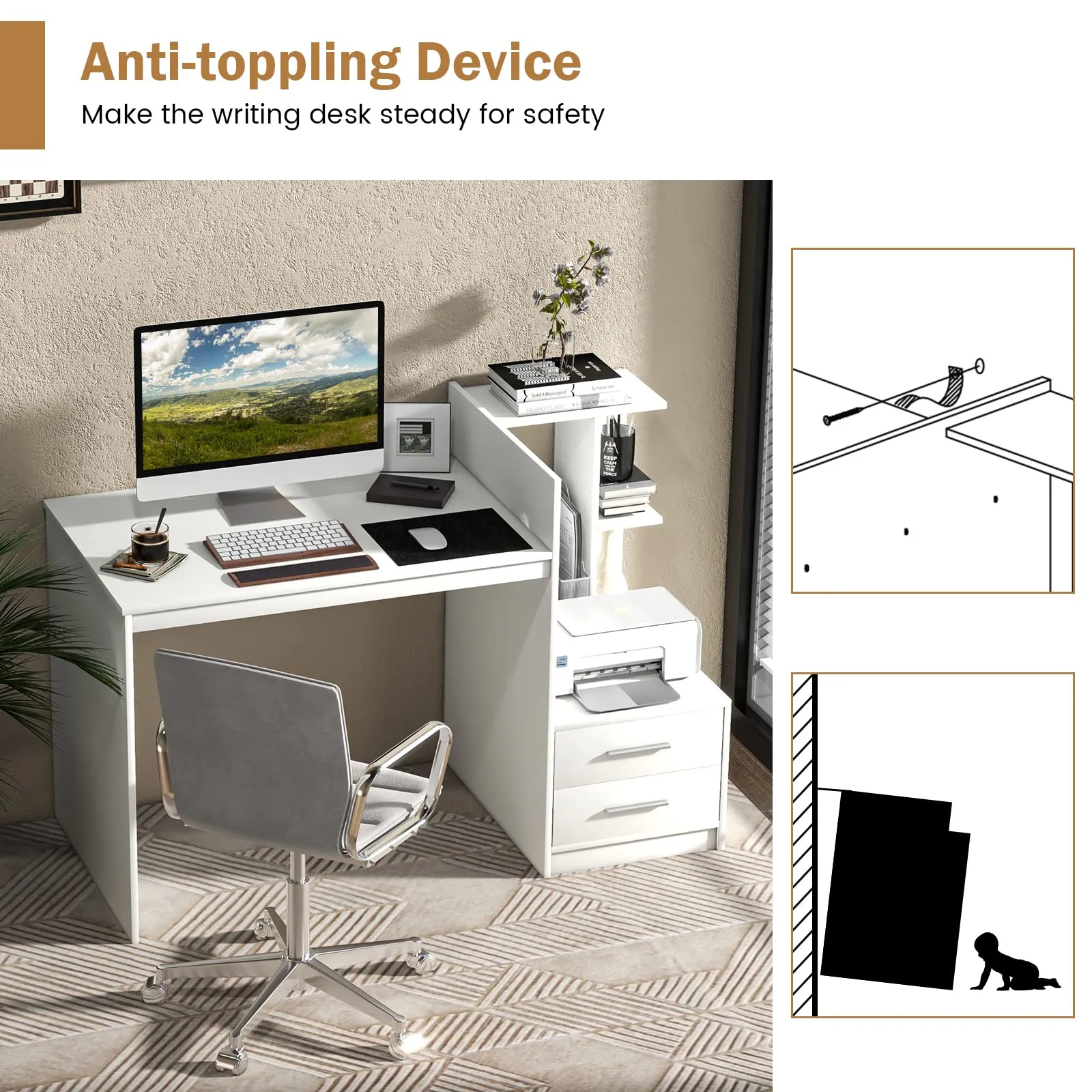 Tangkula White Desk with 2 Storage Drawers & Bookshelf