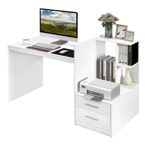 Tangkula White Desk with 2 Storage Drawers & Bookshelf