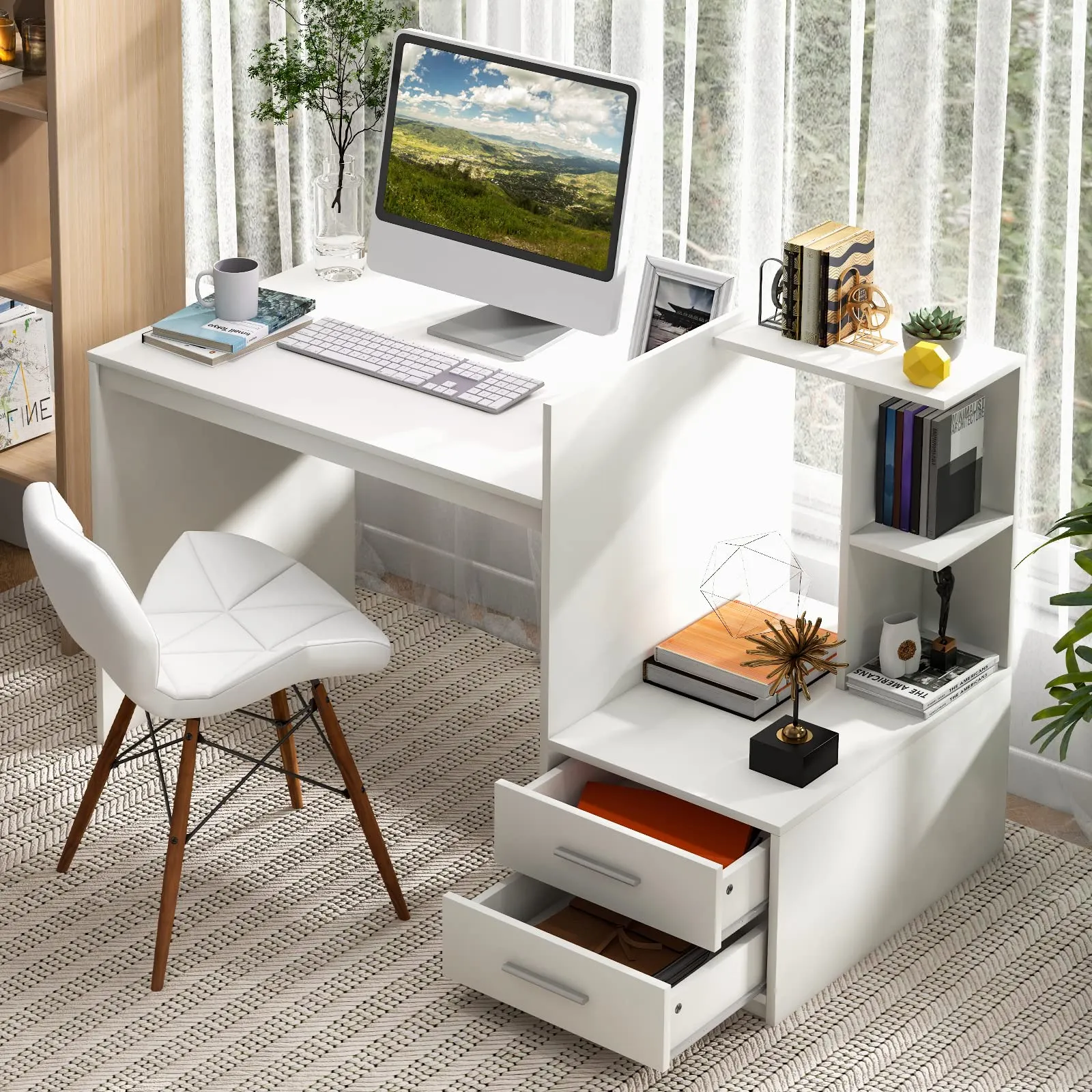 Tangkula White Desk with 2 Storage Drawers & Bookshelf