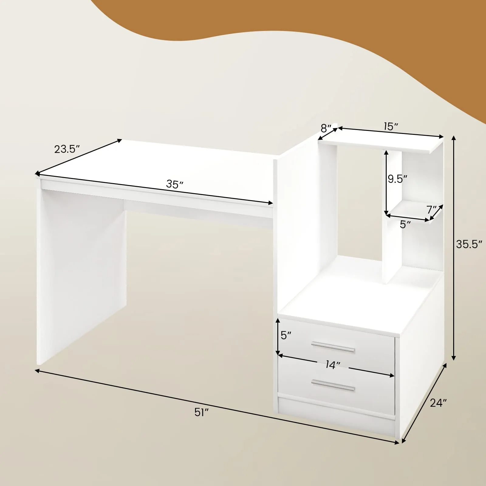 Tangkula White Desk with 2 Storage Drawers & Bookshelf