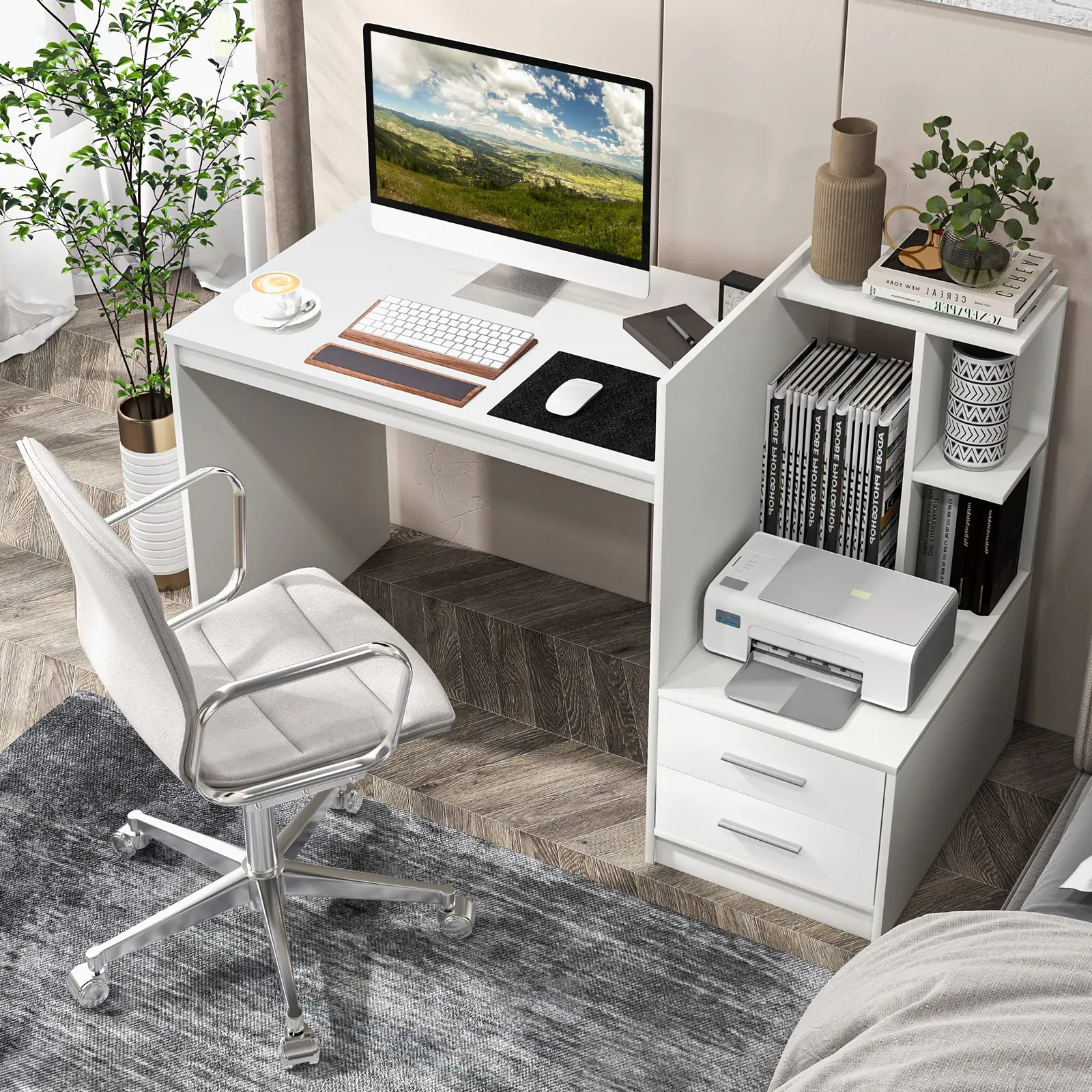 Tangkula White Desk with 2 Storage Drawers & Bookshelf