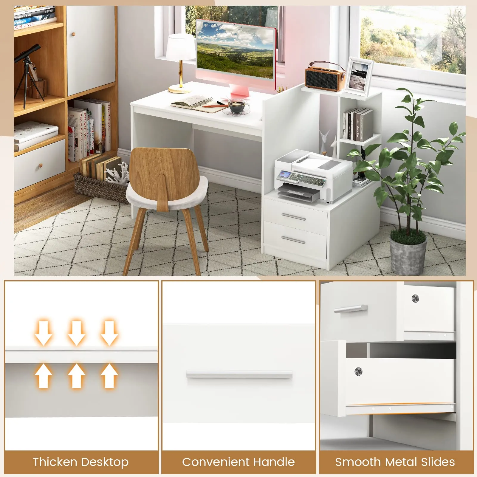 Tangkula White Desk with 2 Storage Drawers & Bookshelf