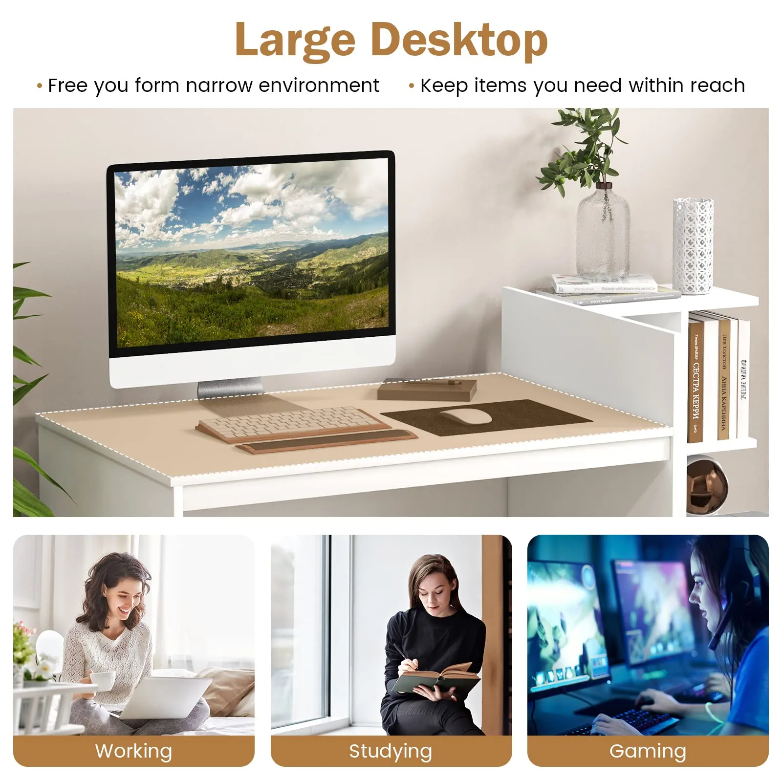 Tangkula White Desk with 2 Storage Drawers & Bookshelf