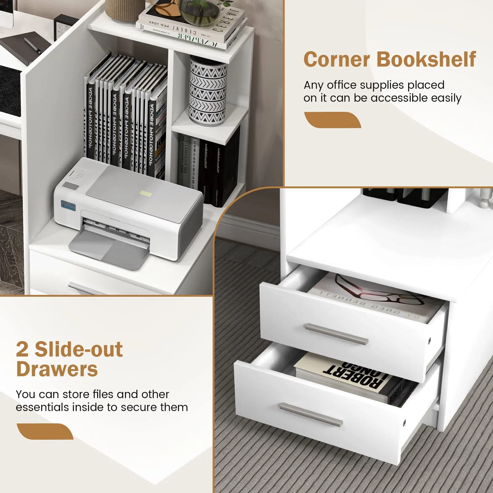 Tangkula White Desk with 2 Storage Drawers & Bookshelf