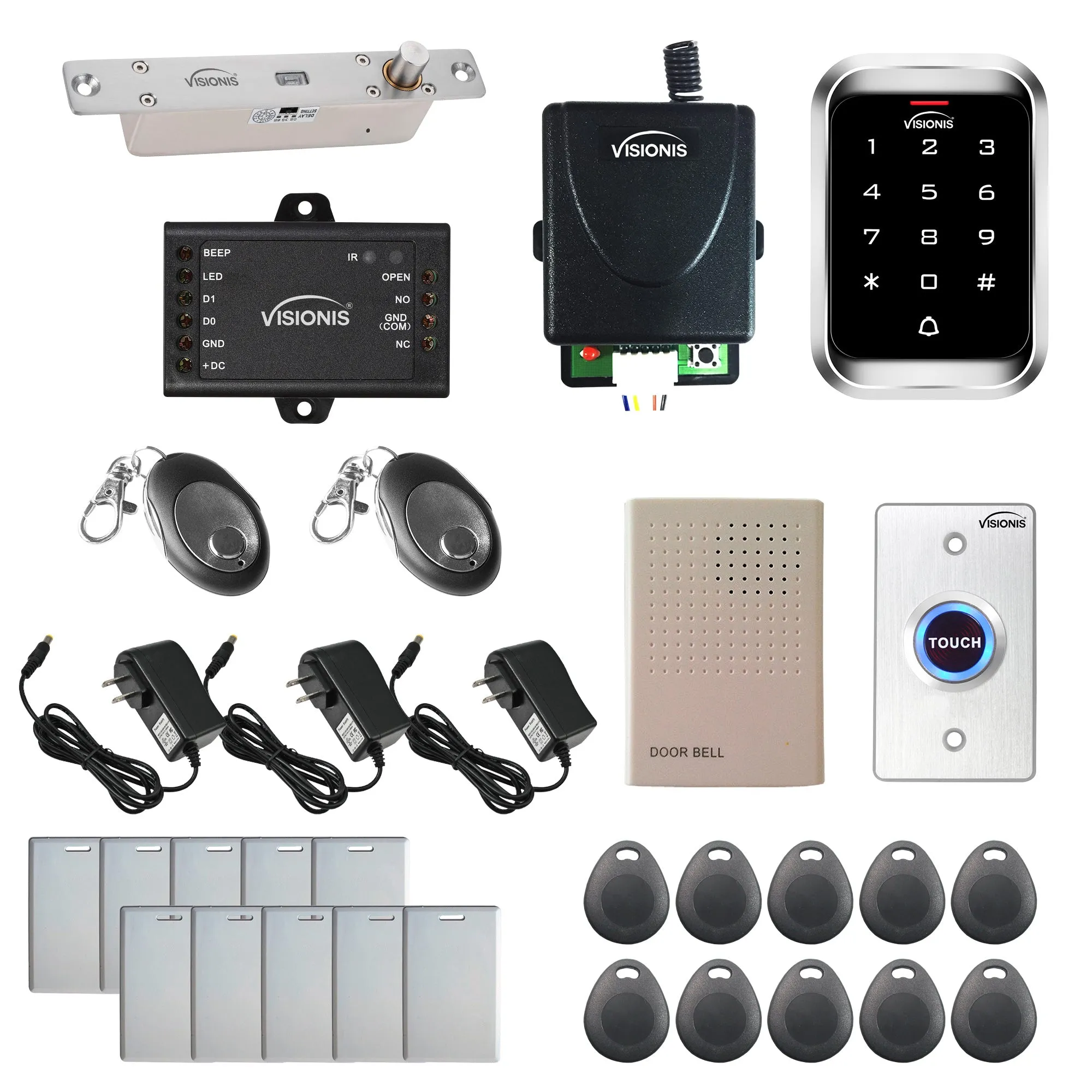 Visionis FPC-5471 One Door Access Control 2,600lbs Electric Drop Bolt Fail Secure   Outdoor Keypad/Reader Standalone With Mini Controller   Wiegand 26, No Software, EM Card, Wireless Receiver Kit