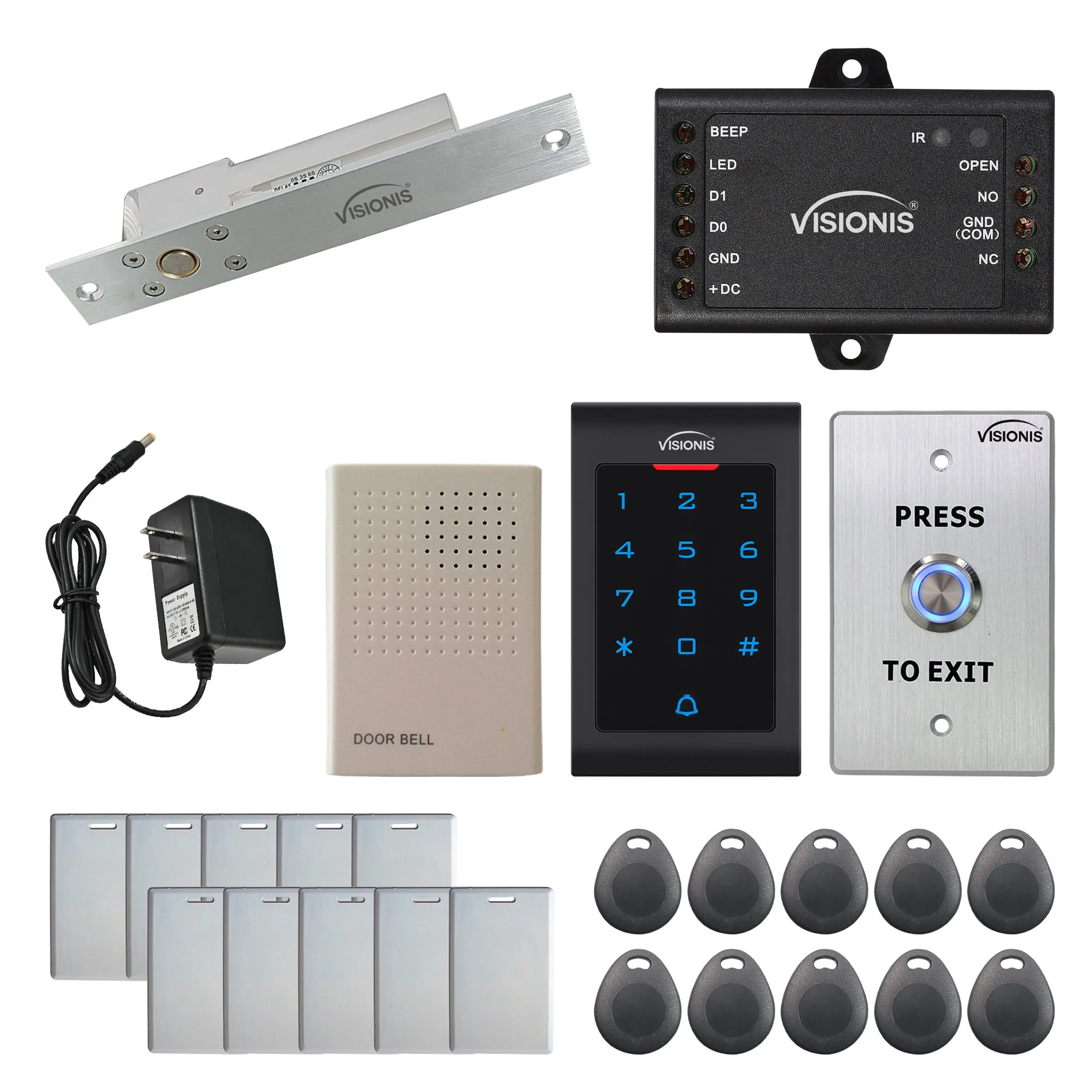 Visionis FPC-5541 One Door Access Control 1,700lbs Electric Drop Bolt Fail Safe Time Delay   Indoor Use Only Keypad/Reader Standalone With Mini Controller   Wiegand 26, No Software, EM Card Kit