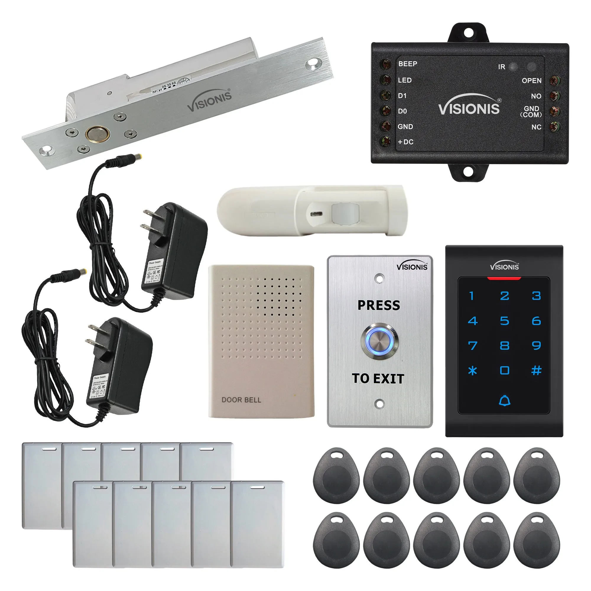 Visionis FPC-5552 One Door Access Control 1,700lbs Electric Drop Bolt Fail Safe Time Delay   Indoor Use Only Keypad/Reader Standalone With Mini Controller   Wiegand 26, No Software, EM Card   PIR Kit