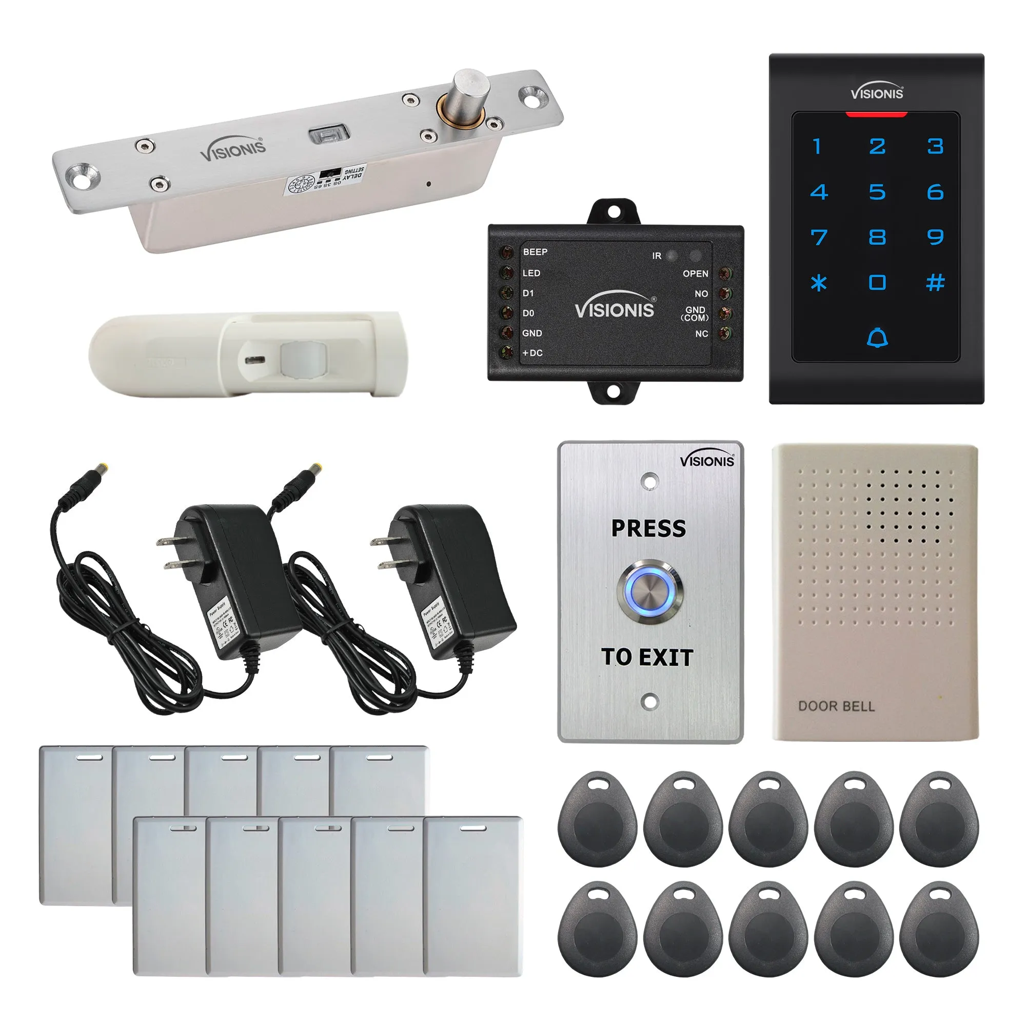Visionis FPC-5553 One Door Access Control 2600lbs Electric Drop Bolt Fail Secure Time Delay   Indoor Use Only Keypad / Reader Standalone   Mini Controller   Wiegand 26, No Software, EM Card   PIR Kit