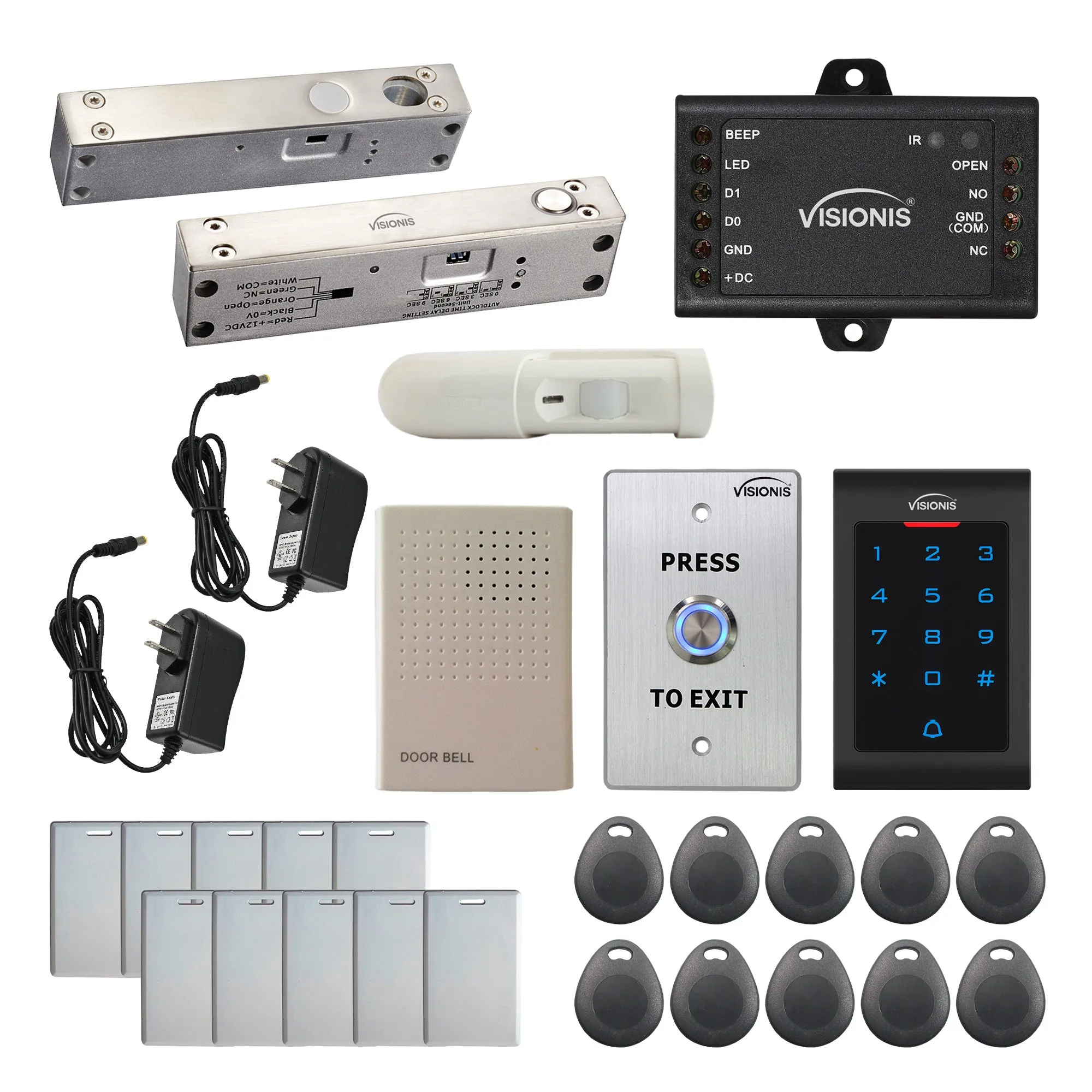 Visionis FPC-5555 One Door Access Control 2,200lbs Electric Drop Bolt Fail Safe For Narrow Door   Indoor Use Only Keypad/Reader Standalone With Mini Controller   Wiegand 26 No Software EM Card   PIR
