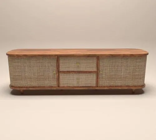 Wooden Twist Curve Rattan Cane Rosewood TV Unit Cabinet with 2 Drawers & 2 Doors Elegant Storage and Style for Your Living Space