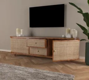 Wooden Twist Curve Rattan Cane Rosewood TV Unit Cabinet with 2 Drawers & 2 Doors Elegant Storage and Style for Your Living Space