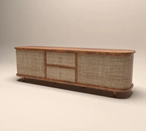 Wooden Twist Curve Rattan Cane Rosewood TV Unit Cabinet with 2 Drawers & 2 Doors Elegant Storage and Style for Your Living Space
